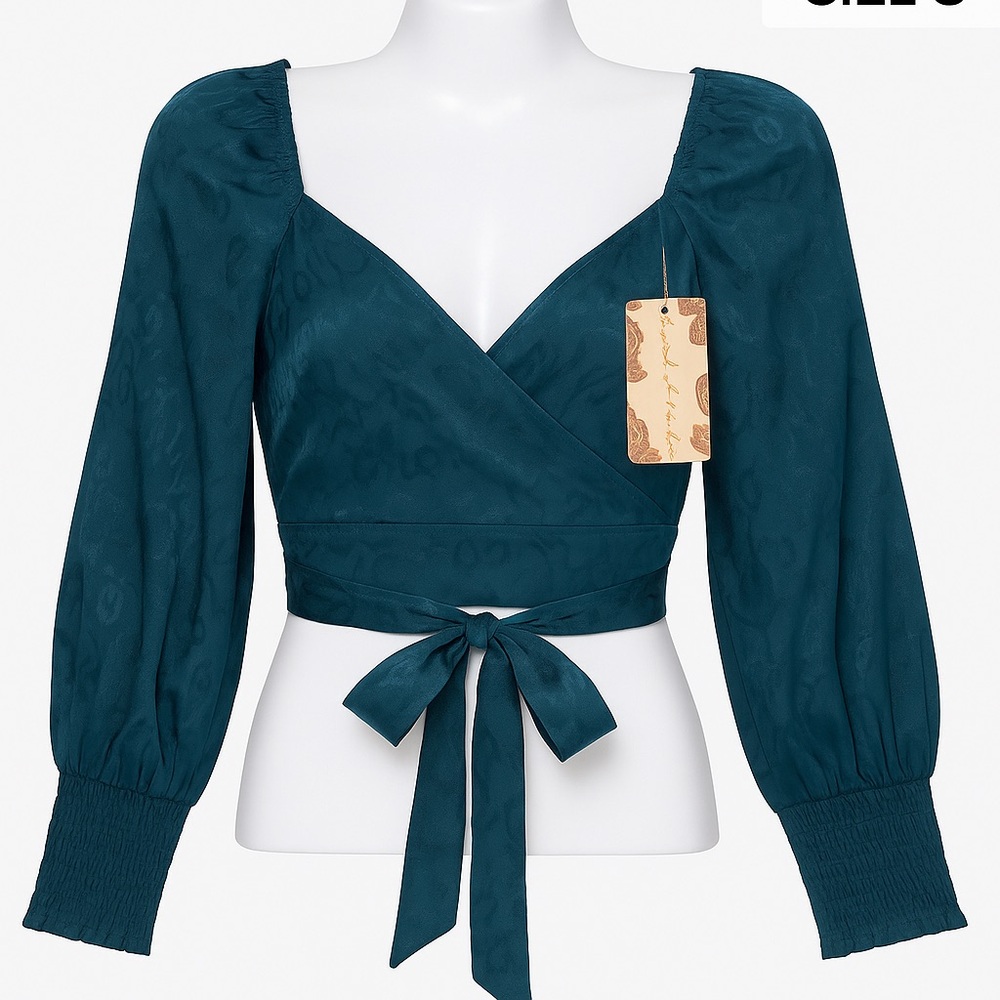 NWT GORGEOUS Band of the Free Teal Jacquard Crop Top – Tie Front Blouse,…